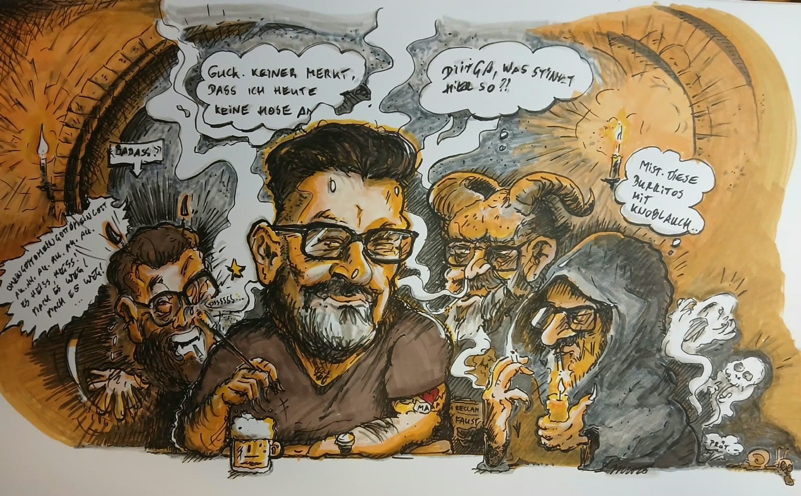 Comic mit Sprechblasen in warmen Farben: eine Runde bei Kerzenlicht am Tisch