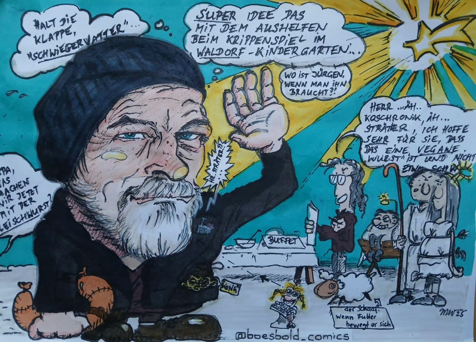 Farbige Comicseite mit vielen Sprechblasen und der Signatur @boesbold_comics