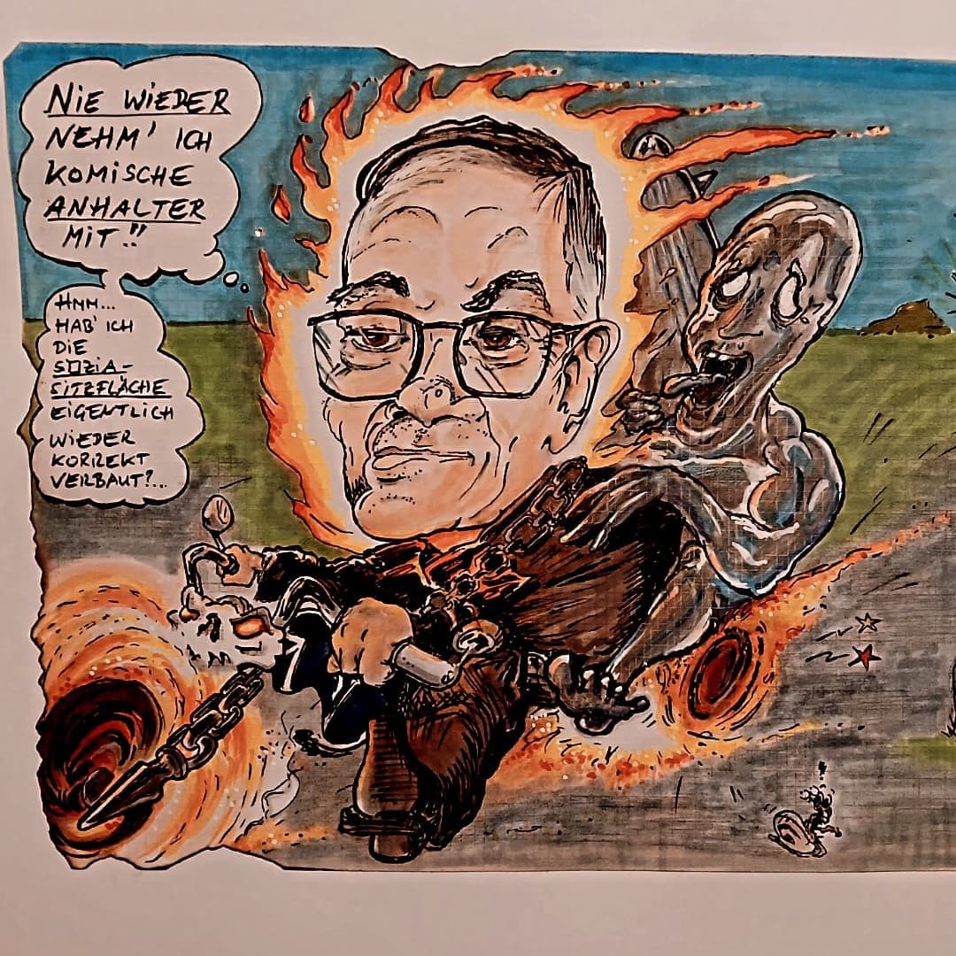 Comic mit Sprechblasen: Fahrer auf einem Motorrad mit brennenden Rädern, hinter ihm eine Geistergestalt
