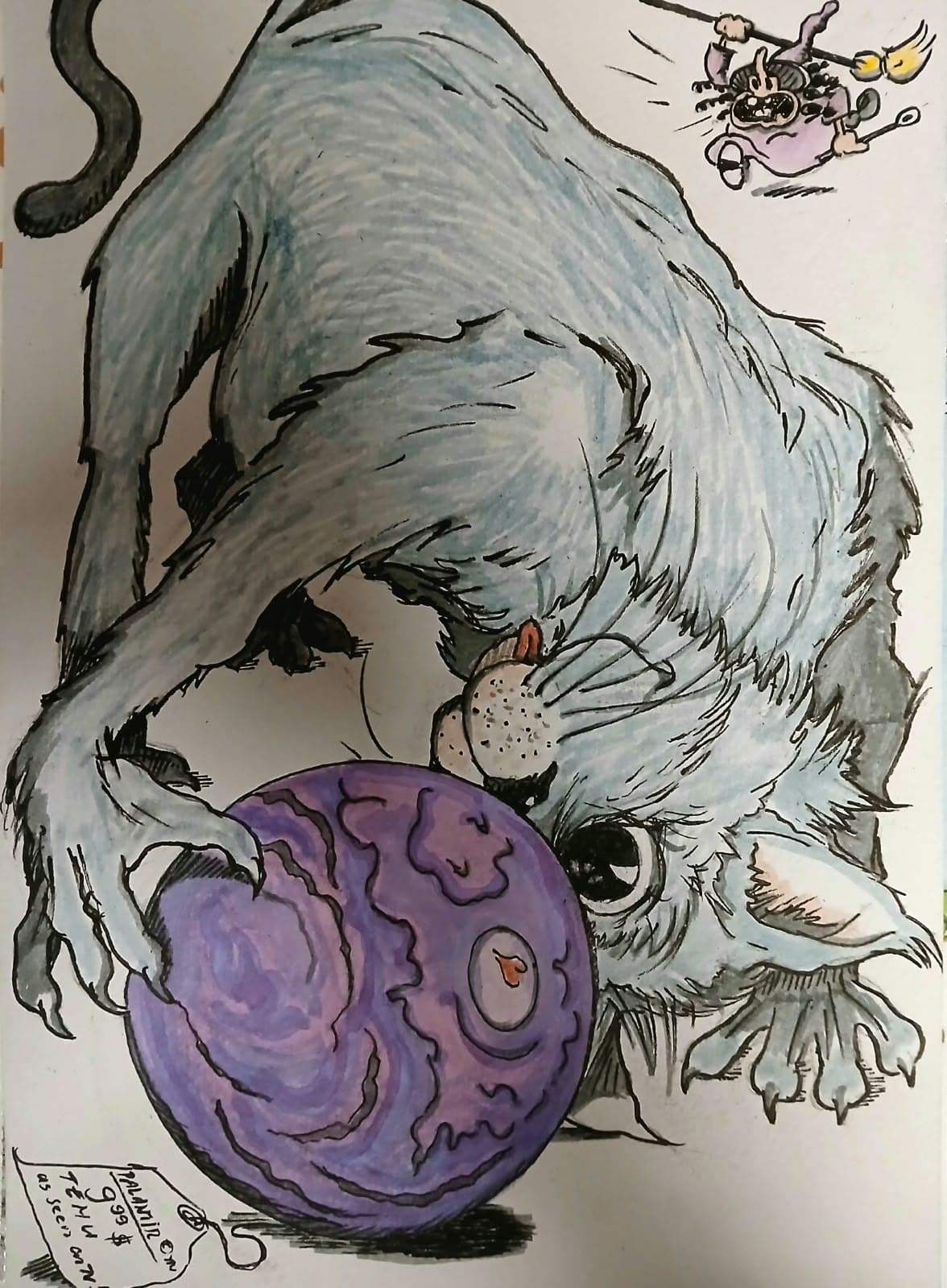 Fantasiezeichnung: katzenartiges Wesen mit einer violetten Kugel