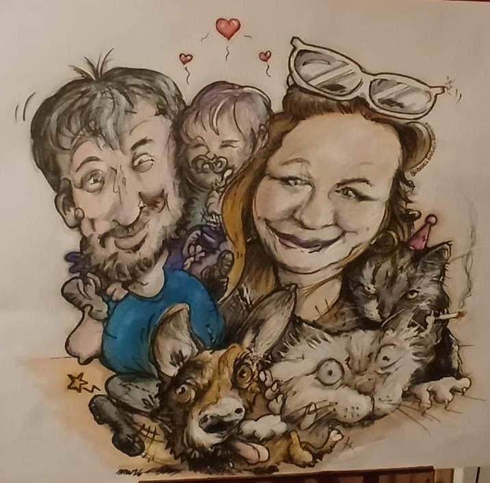Karikatur in Tusche und Farbe: Familie mit Hund und Katzen