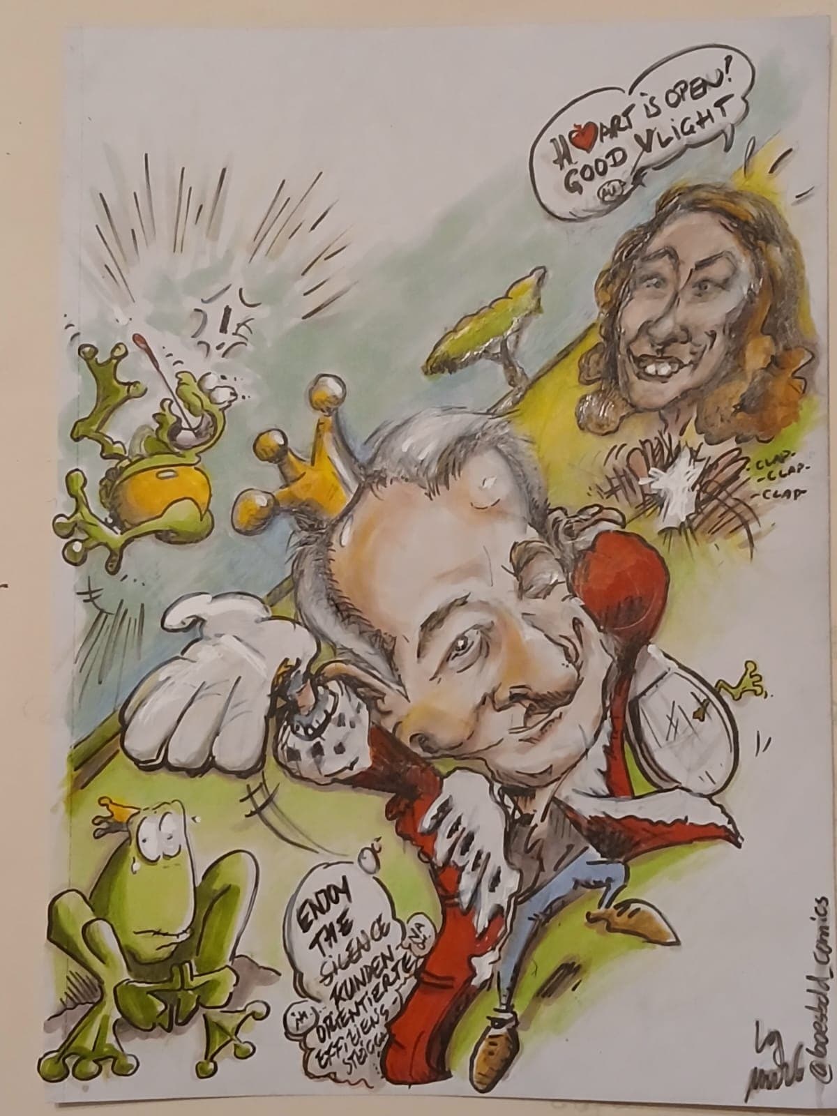 Farbige Karikatur mit Sprechblasen: Mann mit Krone, daneben Frösche und im Hintergrund eine lachende Frau