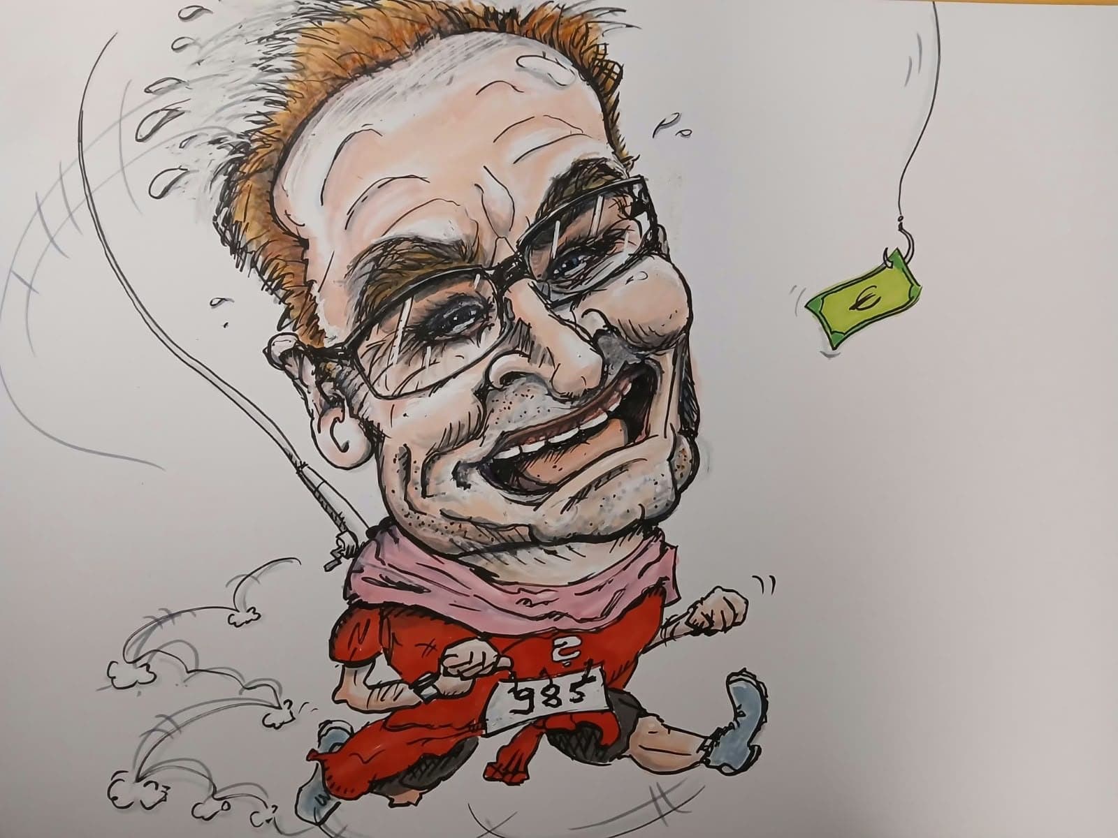 Farbige Karikatur: Läufer mit Brille und Startnummer, vor ihm ein Geldschein an einer Angel