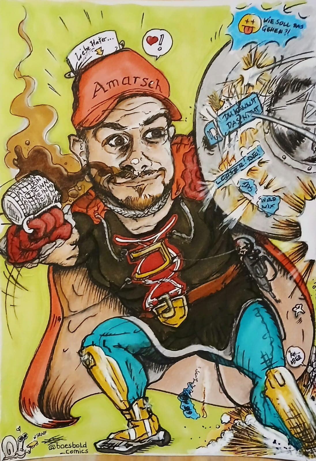 Karikatur in kräftigen Comicfarben: Mann mit Kappe und Umhang in Heldenpose, daneben eine große runde Scheibe mit Sprechblasen